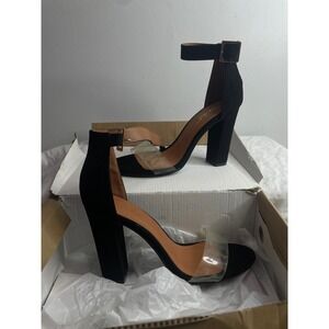 Black Suede Clear Strap Block Heel Ankle Strap Sandals Size 8